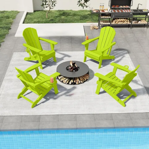 Vista 23 de Sillas plegables Adirondack con portavasos, juego de 4 sillas de plástico HDPE para exteriores, resistentes a la intemperie, aspecto de madera real