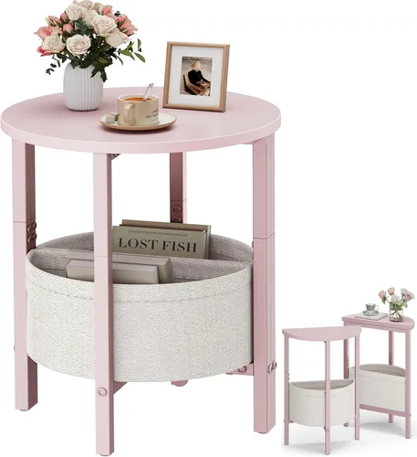 Vista 15 de Vagusicc Mesa auxiliar redonda pequeña Mesa final, Mesa de acento alta con cesta de almacenamiento, Juego de 2 mesas semirredondas Mesas de media
