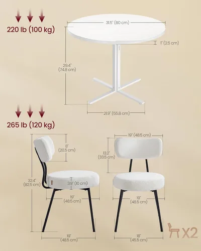 Vista 3 de VASAGLE Juego de mesa de comedor, mesa de comedor redonda con 2 sillas de cocina tapizadas, para espacios pequeños, cocina, sala de estar, marco
