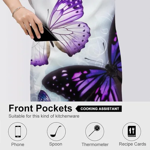 Vista 5 de Personalized White Purple Butterflies Adult Apron, Kitchen Cooking Aprons for Woman Man, Adjustable Bib Apron with Pocket for Baking, BBQ Crafting