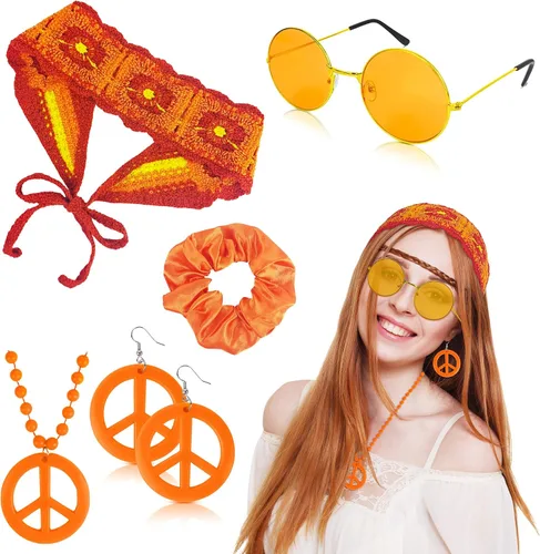 Accesorios hippie de los años 60 y 70 para mujer, disfraz hippie bohemio con diadema de punto de flores, collar con signo de paz, trajes de