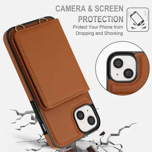 Vista 6 de Funda de teléfono para iPhone 13 Mini de 5.4 pulgadas con protector de pantalla, correa cruzada para muñeca, bloqueo RFID, tarjetero de crédito