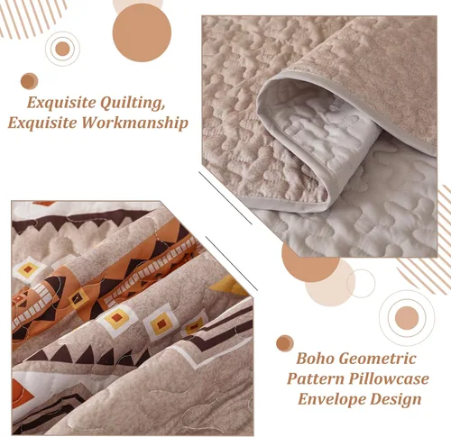 Vista 5 de WONGS BEDDING Juego de edredón bohemio de color beige, tamaño Queen, juego de colcha con estampado geométrico con 2 fundas de almohada, juego