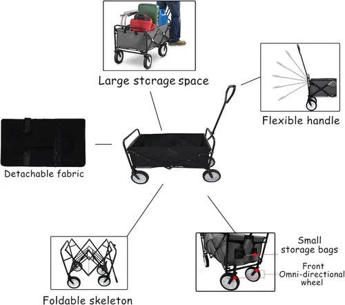 Vista 3 de Carro plegable multifunción negro para exteriores, ruedas portátiles para uso público, camping, comestibles, compras, transporte de niños, picnic