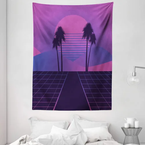 Vista 2 de Ambesonne Synthwave Tapestry, Abstract 80's Dreamy Art Sunset Palm Trees and Checks Illustration, Wall Hanging for Bedroom Living Room Dorm Decor