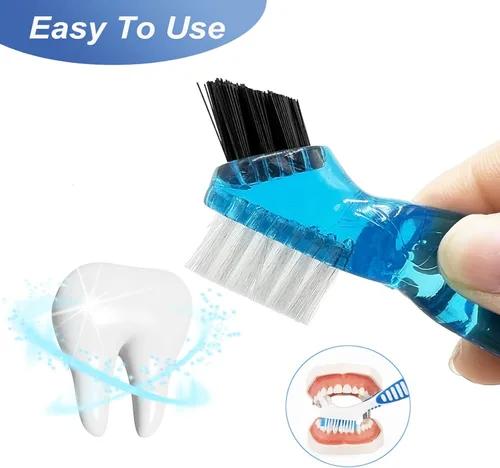 Vista 3 de Juego de 4 mini cepillos de limpieza de dentaduras postizas con cerdas multicapas, cepillo portátil de doble cara para limpieza de dientes postizos