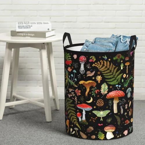 Vista 4 de Cesta de lavandería con forma de hongos, bolsa de lavandería con asas, plegable, decoración de hongos para dormitorio, cuarto de bebé