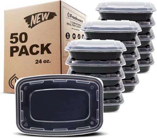 Vista 11 de Freshware Contenedores de preparación de comidas [paquete de 50] 2 compartimentos con tapas, contenedores de almacenamiento de alimentos, caja