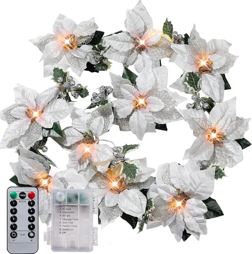 Vista 10 de Zubebe 2 Piezas Guirnalda de Flor de Pascua Preiluminada de Navidad con Luces de Cadena Hojas de Acebo con Purpurina Bayas Control Remoto