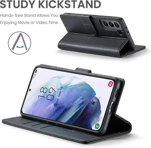 Vista 4 de FLIPALM Funda tipo cartera para Samsung Galaxy S21, con bloqueo RFID, soporte para tarjetas de crédito, de piel sintética, función atril, funda Negro