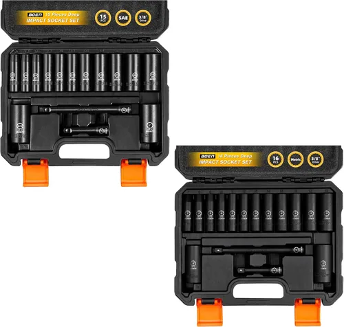 Vista 11 de BOEN Juego de llaves de vaso de impacto profundo de 3/8 pulgadas, juego de 15 piezas SAE de 1/4 a 1 pulgada, incluye barras de extensión de 3