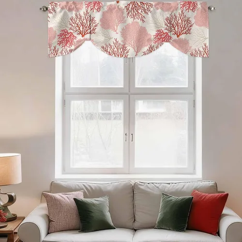 Vista 9 de Cenefa de amarre para ventanas, cortinas náuticas costeras de coral oceánico, cenefas con bolsillo para barra, tratamientos para ventanas