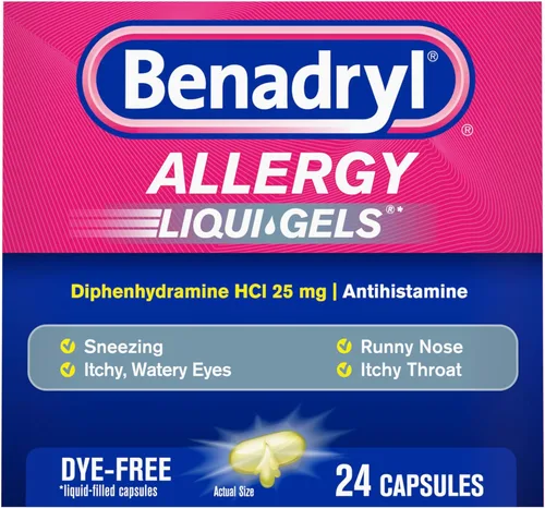 Benadryl Liqui-Gels Medicine - Cápsulas de gel líquido sin colorantes con 25 mg de antihistamínico de difenhidramina HCl para aliviar la alergia y