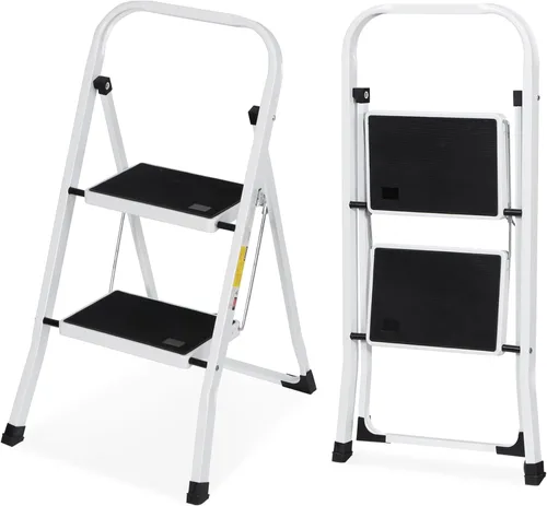 Vista 13 de JungleA Escalera de 2 escalones, taburete plegable pequeño, escalera ligera y resistente para adultos, adecuada para el hogar, cama, cocina