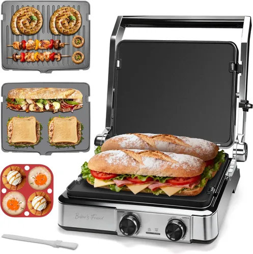Baker's Friend Parrilla para Panini de 4 Rebanadas con Prensa para Queso y Sánduich, Parrilla Eléctrica Interior con Ajuste de Temperatura, Se Abre