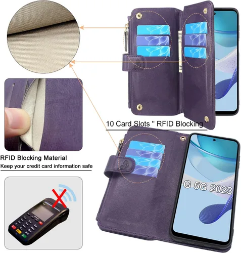 Vista 2 de Lacass Funda de piel con bolsillo con cremallera para Motorola Moto G 5G 2023 (morado oscuro)