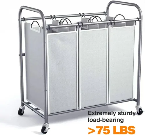 Vista 2 de ROMOON Organizador de lavandería, cesta de lavandería resistente de 3 secciones con ruedas y forros extraíbles, organizador que ahorra espacio
