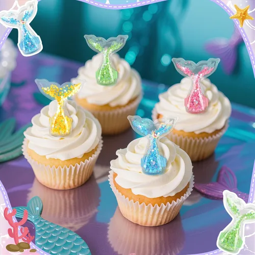 Vista 4 de 24Pcs Mermaid Tails Cupcake Ring Toppers Under the Sea Cupcake Topper for Mermaid theme Birthday Party Cake Decorations Baby Shower Weeding