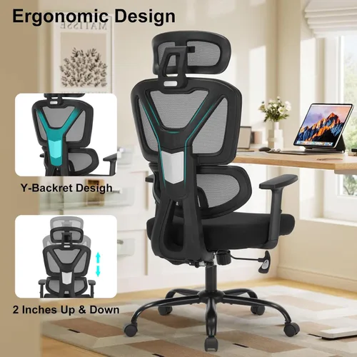 Vista 4 de Silla de oficina en casa, silla de escritorio ergonómica con altura ajustable, soporte lumbar, silla de computadora de malla con respaldo alto