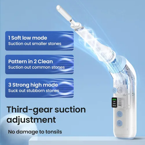 Vista 4 de Removedor de piedras amígdalas con cámara, kit electrónico de eliminación de piedras amígdalas con luz LED, 3 niveles de succión, combate el mal