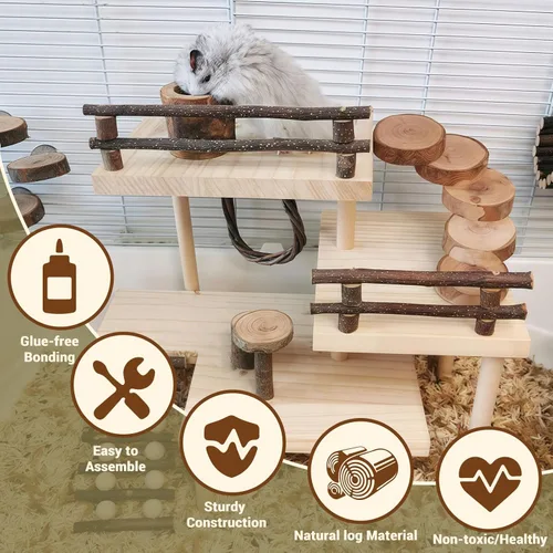 Vista 3 de RoseFlower Plataforma de hámster de madera para jaula, juguete de escalada para patio de recreo, animales pequeños, juego de actividades