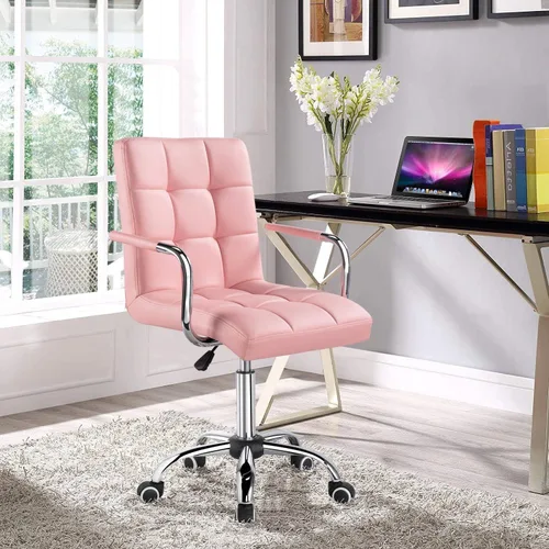 Vista 2 de Yaheetech Modern PU Leather Desk Office Chairs with Wheels/Armrests Height Adjustable Home Computer Executive Chair on Wheels 360° Swivel, Pink