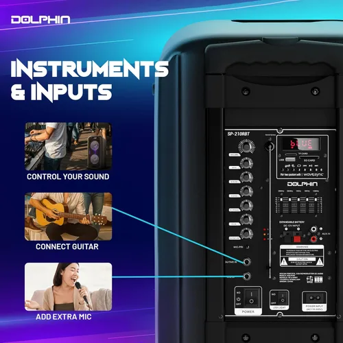 Vista 4 de Dolphin Altavoz Bluetooth dual de 10 pulgadas para fiestas, altavoz grande de 1000 W con 2 micrófonos inalámbricos, graves potentes, luces LED