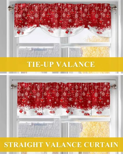 Vista 6 de Cortina de Cenefa Navideña con Cordones, Copos de Nieve de Invierno Brillantes con Destellos de Nieve, Cenefas Rojas para Ventanas Ajustables