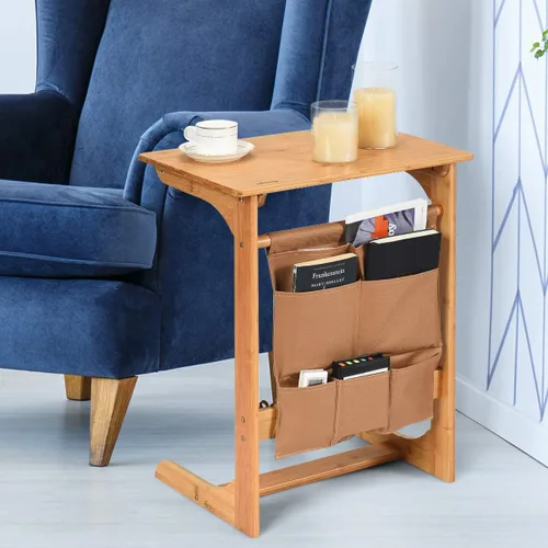 Vista 5 de COSTWAY Mesa auxiliar 100% de bambú, mesa auxiliar con bandeja de TV en forma de L, mesa auxiliar de aperitivos para computadora portátil con bolsa