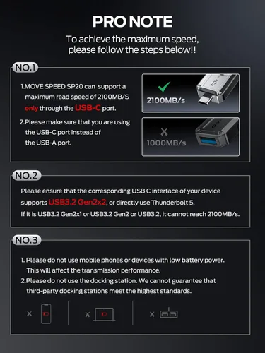 Vista 2 de MOVE SPEED Unidad USB de 2 TB, SSD portátil de transferencia confiable TLC de 2100 MB/s con USB 3.2 Gen2x2 + tipo C, unidad USB genial