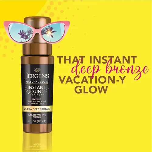 Vista 4 de Jergens Paquete de sol instantáneo de brillo natural: mousse de bronceado sin sol de bronce profundo, botella de 6 onzas y guante aplicador
