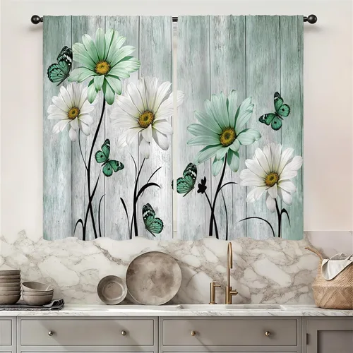 Vista 10 de Cortinas de cocina con estampado floral verde azulado de 27.5 pulgadas de ancho x 39 pulgadas de largo, 2 paneles con bolsillo para barra, rústicas