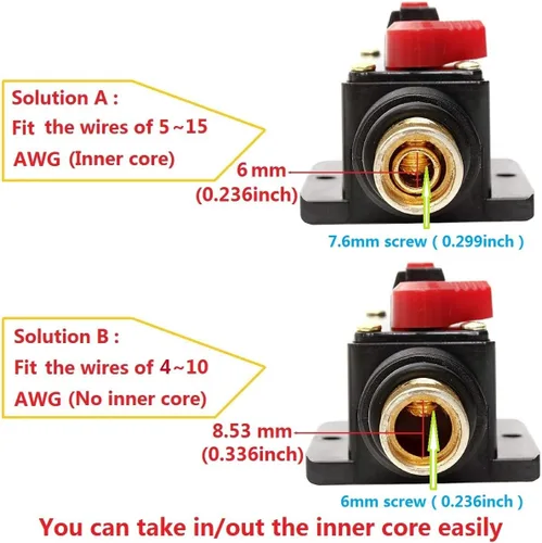 Vista 6 de Soportes de fusibles de interruptor de protección de audio para coche 100 A, interruptor de circuito en línea, fusible de reinicio, inversor