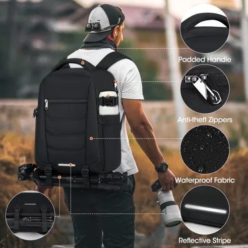 Vista 7 de SDYSM - Mochila profesional para cámara DSLR, SLR, mirrorless, impermeable, con compartimento para laptop de 14 pulgadas, cubierta contra la lluvia