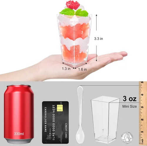 Vista 2 de TOFLEN Paquete de 100 mini tazas cuadradas de postre de 3 onzas con cucharas de plástico transparente para fiestas, yogur, parfait, pastel de queso