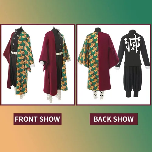 Vista 2 de Disfraz de anime para cosplay de Tanjiro Zenitsu Shinobu Giyu Mitsuri, conjunto con peluca y aretes, uniforme para Halloween (Giyu-XL)