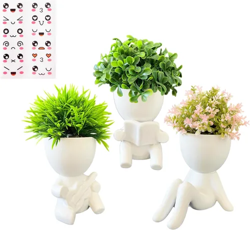 3 paquetes de plantas falsas creativas pequeñas suculentas artificiales en macetas de cerámica con forma de humano, bonitas plantas de oficina para