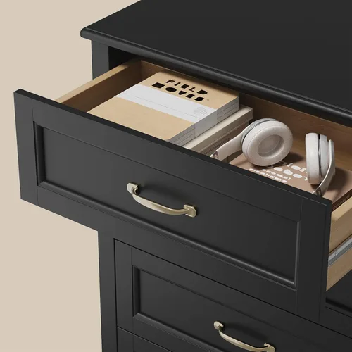 Vista 4 de Gizoon Cómoda de 5 cajones, cómoda de madera negra para dormitorio, gabinete de almacenamiento de gran capacidad de 43.3" con dispositivo