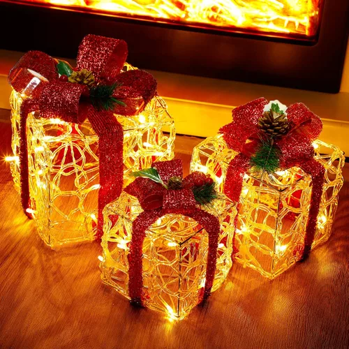 Vista 4 de ATDAWN Juego de 3 cajas de regalo iluminadas, decoraciones de Navidad, cajas de regalo de acrílico transparente, decoraciones de caja de regalo