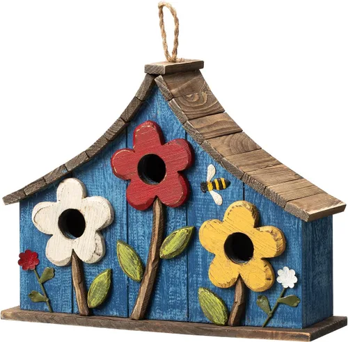 Vista 21 de Glitzhome Casas para pájaros colgantes para exteriores, 10.75 pulgadas de largo, madera maciza envejecida con flores 3D, rústicas pintadas a mano