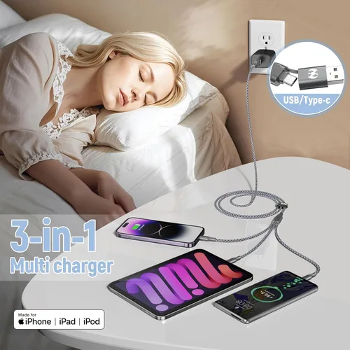 Vista 3 de IDISON Cable de carga múltiple (paquete de 3 de 4 pies), cable de carga 3 en 1, esencial de viaje, cable trenzado de nailon USB A/C, puerto USB A/C