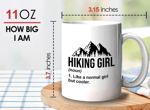 Vista 6 de Taza de café de senderismo de 11 oz color blanco – Senderismo Chica – Senderismo Backpacker Backpacker Mountain Boardwalks Mochilero Camping