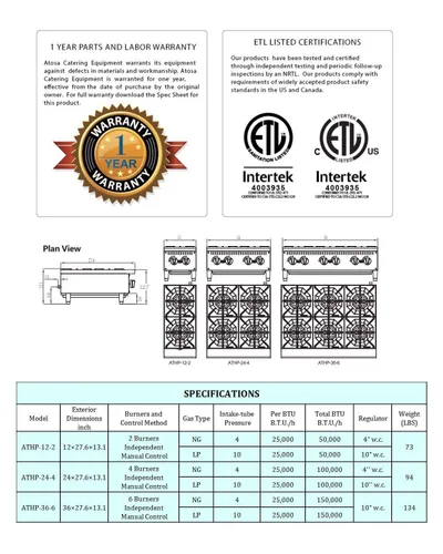 Vista 6 de CookRite ATHP-36-6 - Placa caliente comercial para encimera de seis quemadores de propano líquido de 36 pulgadas - 150,000 BTU