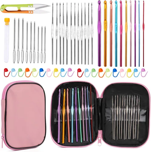 Vista 15 de IMZAY - Juego de 110 piezas de ganchos de ganchillo, juego de agujas de crochet con estuche de almacenamiento, agujas para tejer ergonómicas y romo