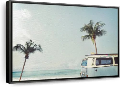 Vista 13 de ElephantStock - Retro Surf Van Wall Art - Horizontal Floating Framed Canvas - Living Room Wall Decor - Photography Beach Framed Canvas Art - Blue