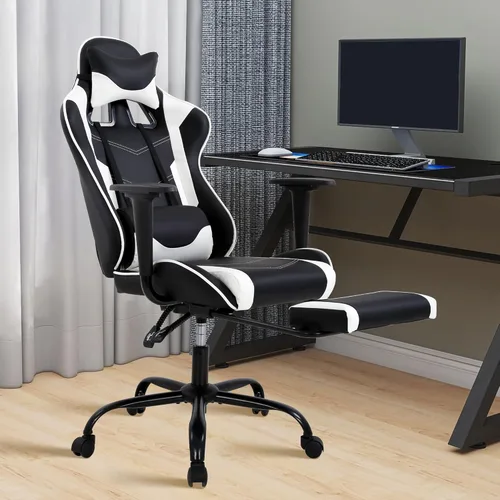 Vista 26 de Sillas de cuero sintético con respaldo alto, silla de computadora con reposacabezas y soporte lumbar, asiento ancho ajustable en altura ajustable