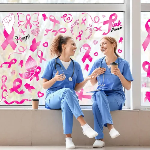 Vista 5 de Whaline 9 hojas de calcomanías para ventana de concientización sobre el cáncer de mama, cinta rosa, calcomanías decorativas de PVC para ventana