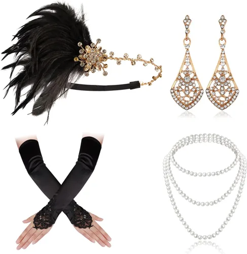 Cizoe (ab2) - Juego de accesorios de estilo Gatsby de la década de 1920, para mujer, diadema de estilo flapper, tocado, collar, guantes