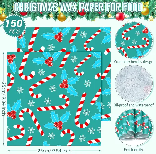 Vista 2 de Yahenda 150 piezas de papel de cera de Navidad, hojas de papel de pergamino decorativo impermeable para panadería, resistente a la grasa