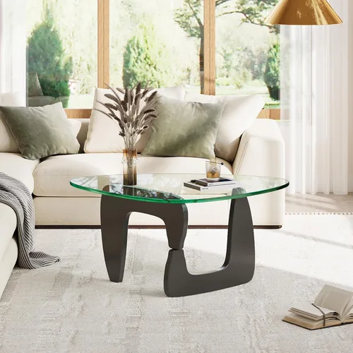 Vista 7 de WLIVE Mesa de café, mesa de café pequeña de vidrio con patas de madera maciza, mesas de sala de estar triangulares de 32.7" de mediados de siglo